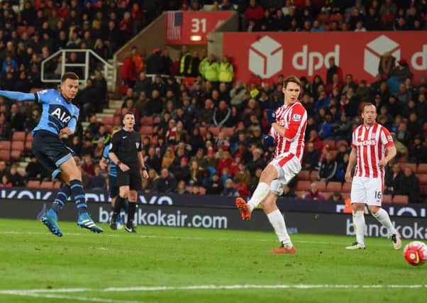 Dele Alli scores his second goal and Spurs' fourth against Stoke. Picture: Getty