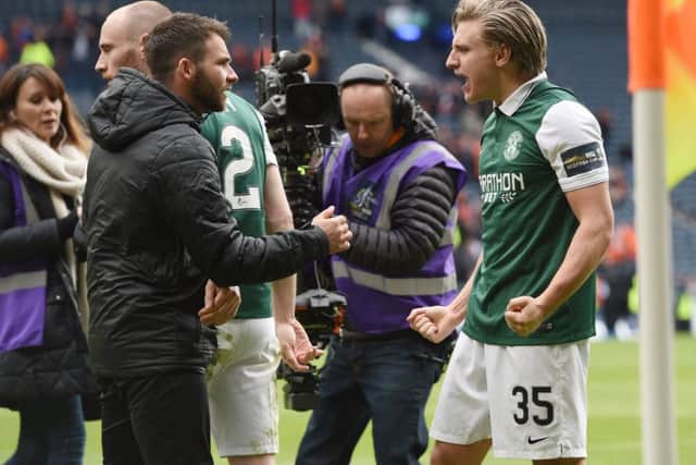 James Keatings, left, celebrates with Jason Cummings after Hibs' semi-final win over Dundee United. Keatings was suspended. Picture: Craig Williamson/SNS
