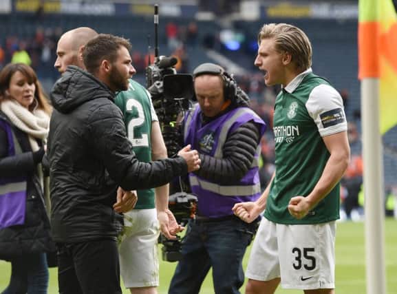 James Keatings, left, celebrates with Jason Cummings after Hibs' semi-final win over Dundee United. Keatings was suspended. Picture: Craig Williamson/SNS