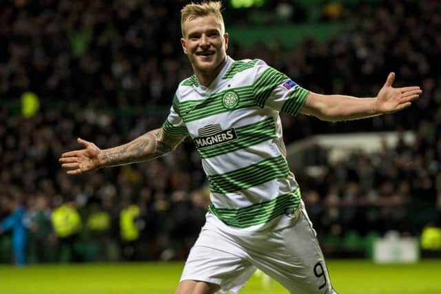 John Guidetti celebrates after scoring Celtic's equaliser in the 3-3 draw with Internazionale. Picture: SNS