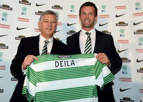 Celtic chief executive Peter Lawwell unveils Ronny Deila as Celtic manager in 2014. Picture:  Craig Williamson/SNS