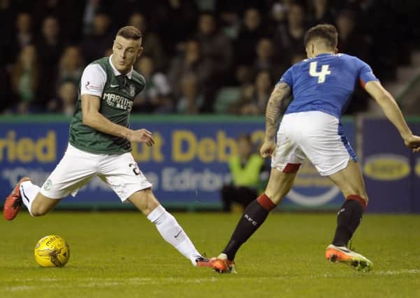 Anthony Stokes takes on Rob Kiernan of Rangers
in Hibs' 3-2 win. Picture:
Neil Hanna