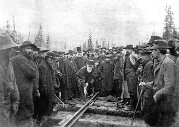 Lord Strathcona drives the last spike of the Canadian Pacific Railway at Craigellachie, November 7, 1885. Picture: wikipedia.org