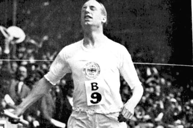 Eric Liddell competes in the 1-mile relay at an International Athletics Meeting at Stamford Bridge in 1924