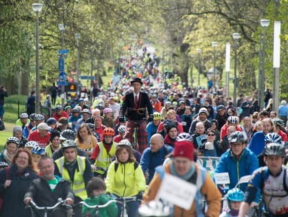 The annual Pedal on Parliament (PoP) event, which saw cyclists converge in the sunshine outside the Holyrood building in Edinburgh, has been hailed by organisers as the biggest demonstration yet.
Picture: Andrew O'Brien