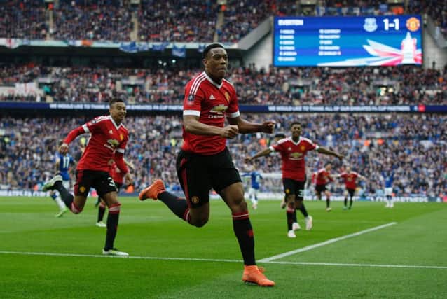 Manchester United's French striker Anthony Martial celebrates his late winner against Everton in the FA Cup semi-final. Picture: Adrian Dennis/AFP/Getty Images