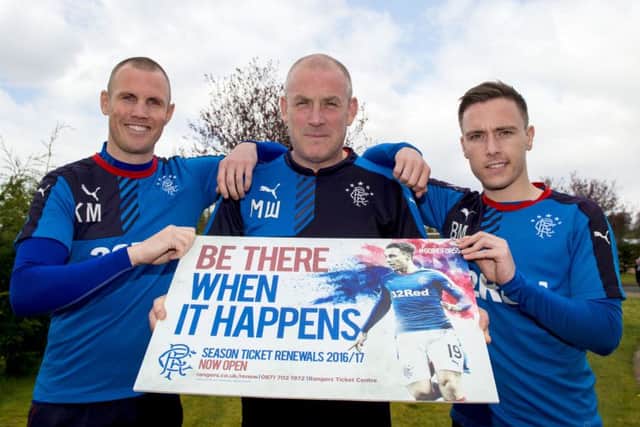 Kenny Miller (left), manager Mark Warburton and Barrie McKay promote 2016-17 season tickets. Picture: SNS.