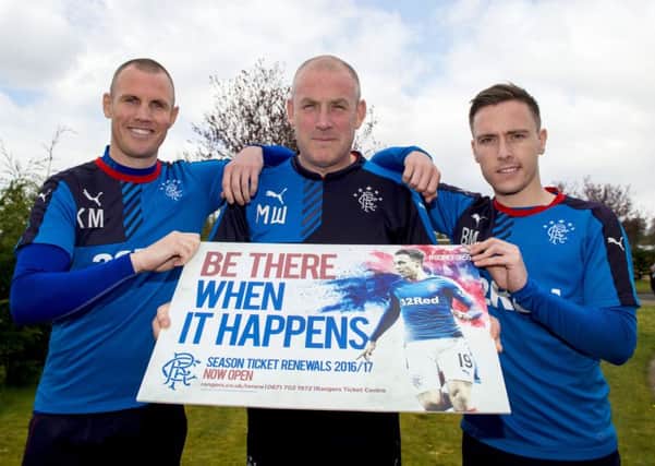 Kenny Miller (left), manager Mark Warburton and Barrie McKay promote 2016-17 season tickets. Picture: SNS.