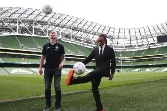 Celtic captain Scott Brown, left, and Edgar Davids at the launch of the International Champions Cup match between Barcelona and Celtic in the Aviva Stadium, Dublin. Picture: Brian Lawless/PA Wire