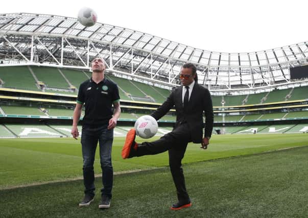 Celtic captain Scott Brown, left, and Edgar Davids at the launch of the International Champions Cup match between Barcelona and Celtic in the Aviva Stadium, Dublin. Picture: Brian Lawless/PA Wire