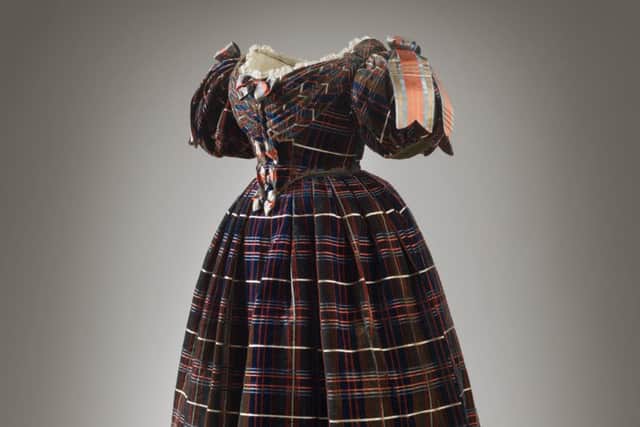 Woven silk-velvet dress worn by Queen Victoria in 1835-7, an early example of tartan in royal dress