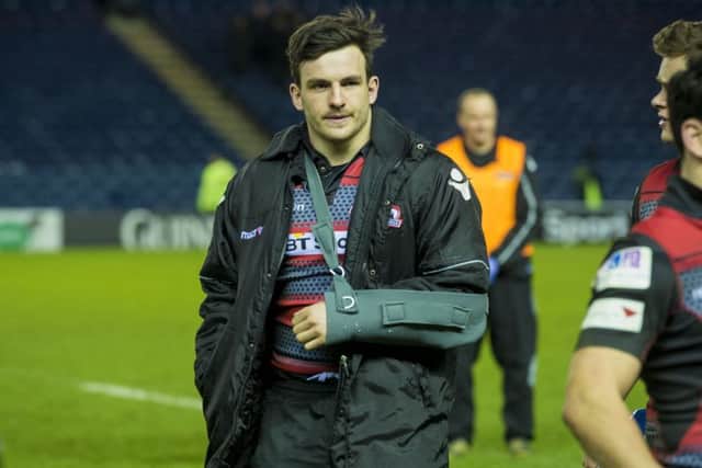 Matt Scott after Edinburghs game against Connacht in March when he suffered a tear to the medial ligament of his elbow. Picture: SNS