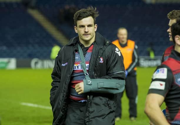 Matt Scott after Edinburghs game against Connacht in March when he suffered a tear to the medial ligament of his elbow. Picture: SNS