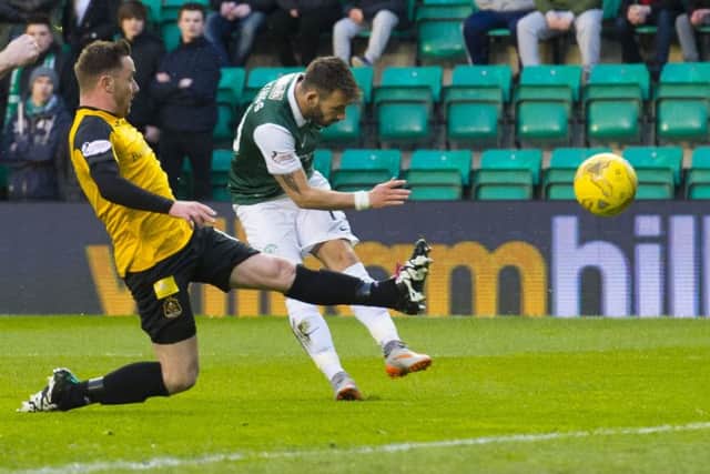 Hibernian's James Keatings scores his side's first goal. Picture: Alan Harvey/SNS