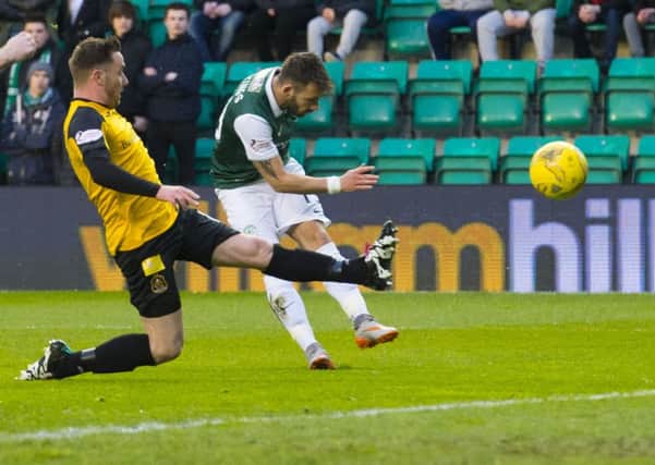 Hibernian's James Keatings scores his side's first goal. Picture: Alan Harvey/SNS