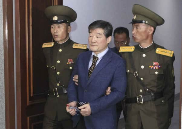 Korean-American Kim Dong Chul is led into the courtroom in Pyongyang for sentencing. Picture: AP
