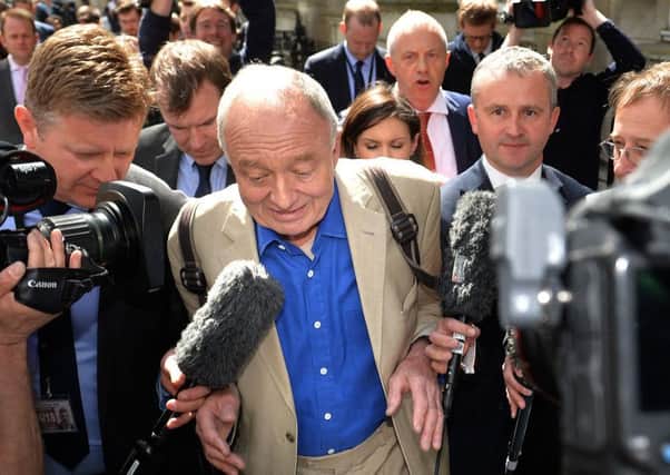 Ken Livingstone is mobbed by journalists outside Millbank following the controversial comments which led to his suspension. Picture: Anthony Devlin/PA