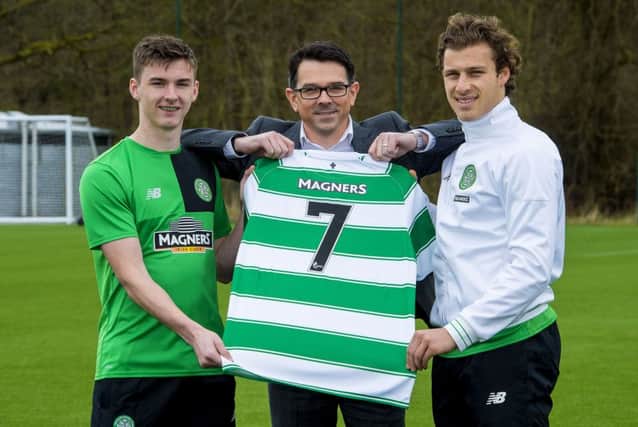 Magners Marketing Director Paul Condron joins Celtic stars Kieran Tierney (left) Erik Sviatchenko (right). Picture: SNS