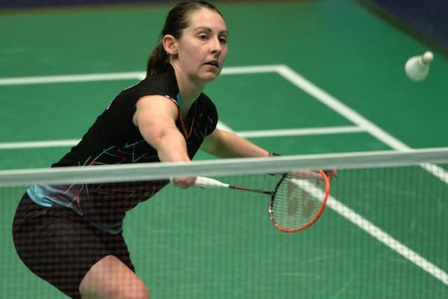 Scotland's Kirsty Gilmour hits a return during her win over Denmark's Anna Thea Mansen in the semi-finals of the European Badminton Championships in France. Picture: Jean-Francois Monier/AFP/Getty Images