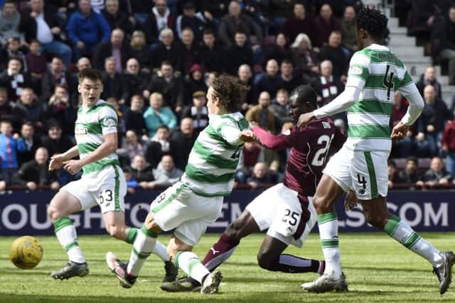 Abiola Dauda scores an equaliser for Hearts but Celtic came back to win 3-1.

 Picture Ian Rutherford