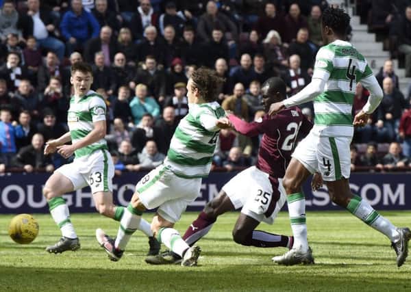 Abiola Dauda scores an equaliser for Hearts but Celtic came back to win 3-1.

 Picture Ian Rutherford