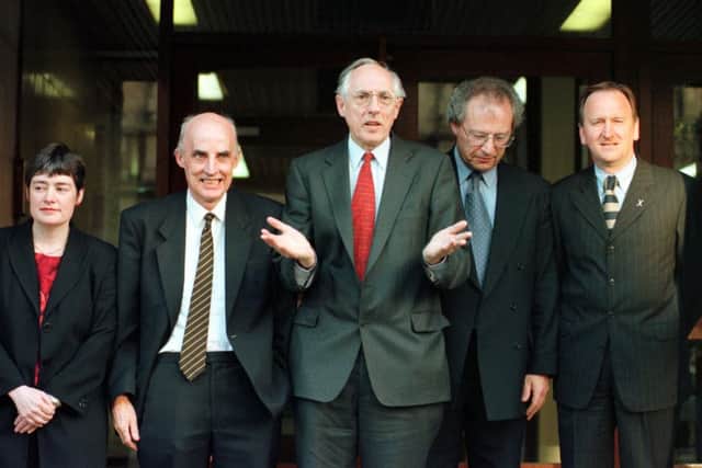 Donald Dewar with his Labour negotiation team in May 1999, which was in talks with the Liberal Democrats to form a coalition government in the new Scottish Parliament. From left, MSPs Sarah Boyack, Sam Galbraith, Dewar, Henry McLeish and Tom McCabe. Picture: Ian Rutherford/TSPL.