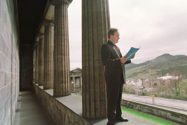 Alex Salmond unveils the SNP's first Scottish Parliament manifesto at the former Royal High School on Calton Hill, Edinburgh, on April 8, 1999. Picture: Denis Straughan/TSPL