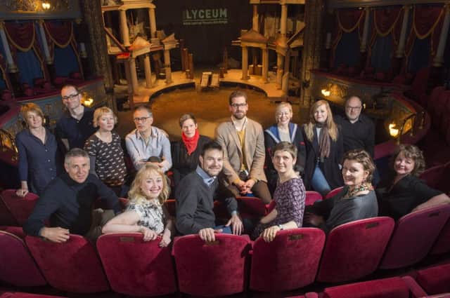 New artistic director of the Royal Lyceum, David Greig (front row, third left), with some of the actors, directors and writers involved in his first season, back row, left to right: Karine Polwart, Douglas Maxwell, Zinnie Harris, Ramin Gray, Janice Parker, Max Webster, Cora Bissett, Jenny Lindsay and Dominic Hill.Front row, from left: John Browne, Amanda Gaughan, Greig, Wils Wilson, Daniela Nardini and Linda McLean. Picture: Ian Rutherford