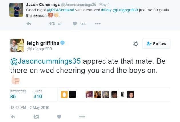 Griffiths has clearly mellowed on his feelings regarding Jason Cummings since the whole "touch of an angel" beef. Picture: Twitter