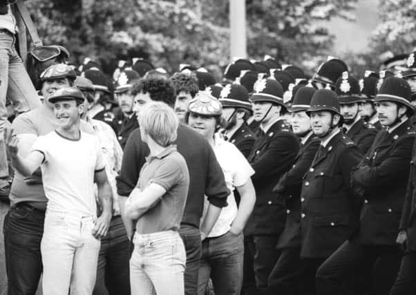 Tensions are high between police and miners at Orgreave Colliery weeks before they clashed on 18 June, 1984. Picture: Steve Eason/Hulton Archive/Getty