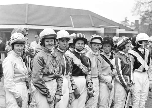 Female jockey's line up at the Goya Stakes ladies race at Kempton Park, Surrey, 6th May 1972. Picture: Getty Images