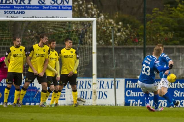 Willie Gibson scores Stranraer's third in their 5-2 win over Livingston. Picture: Craig Foy/SNS