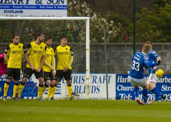 Willie Gibson scores Stranraer's third in their 5-2 win over Livingston. Picture: Craig Foy/SNS