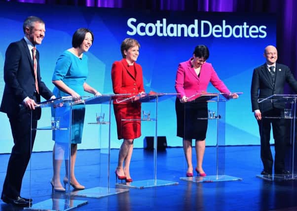 Lib Dem Willie Rennie, Scottish Labour's Kezia Dugdale, SNP leader Nicola Sturgeon, Ruth Davidson of the Scottish Conservatives, and Patrick Harvie of the Scottish Greens attend the STV election debate on March 29, 2016. Picture: Getty Images