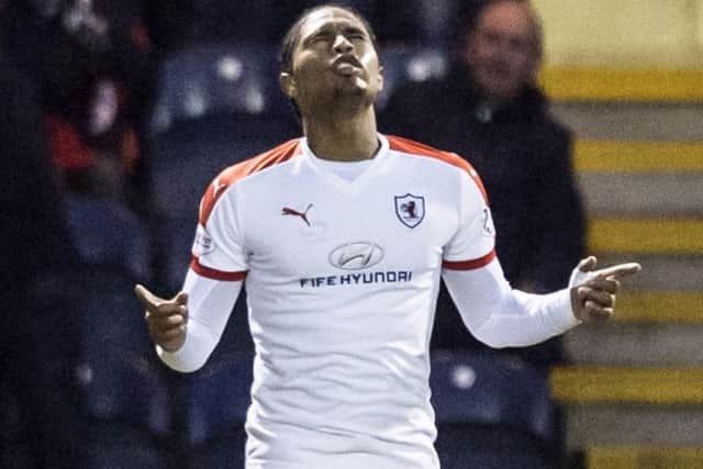 Raith's Harry Panayiotou celebrates his goal against Hibs at Stark's Park. Picture: Craig Williamson/SNS