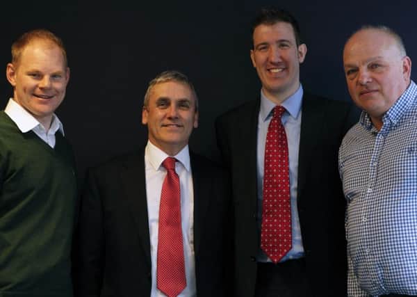 From left, Ecometrica chief Gary Davis, Tom Brock and Chris Kennedy of Clydesdales emerging tech unit, and Ecometrica chief financial officer Adrian Smith. Picture: Contributed
