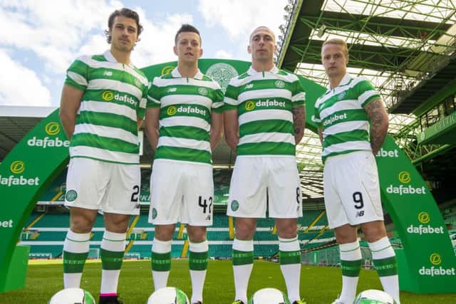 Erik Sviatchenko, Callum McGregor, Scott Brown and Leigh Griffiths unveil their side's new home kit. Picture: SNS