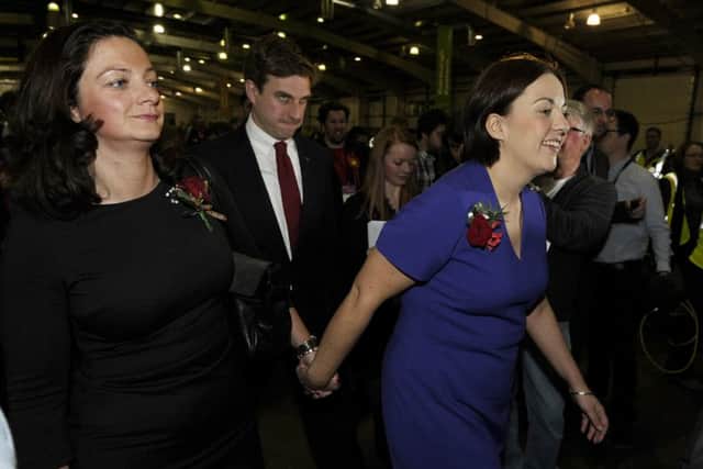 Scottish Labour Leader Kezia Dugdale arrives at the count with her partner Louise Riddell and  Edinburgh Southern MSP Daniel Johnson. Picture: JP Licence.
