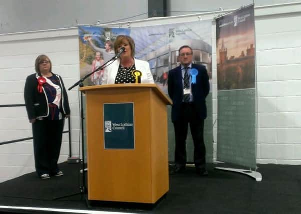 MSP for Linlithgow Fiona Hyslop makes her victory speech following the count at the 2016 Scottish Parliamentary elections in Livingston at West Lothian College. Picture: Scott McAngus