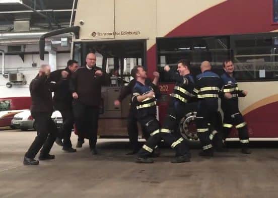 The Lothian Buses crew takes on the Running Man Challenge. Picture: Lothian Buses
