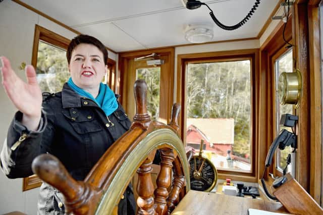 The Scottish Conservative leader Ruth Davidson stands in the wheelhouse as she meets the crew and staff on the tourist attraction the Sir Walter Scott Steamship. Picture: Getty Images