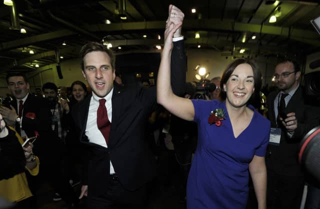 Scottish Labour Leader Kezia Dugdale arrives at the count with her partner Louise Riddell and Edinburgh Southern candidate,
Daniel Johnson. Picture: Neil Hanna