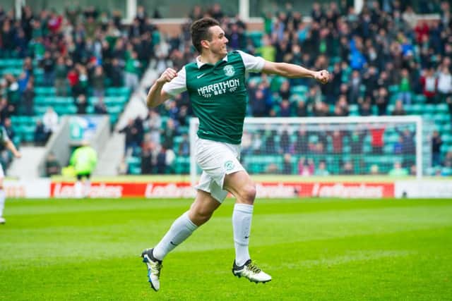 Hibernian's John McGinn celebrates after he scores his side's first goal. Picture: SNS