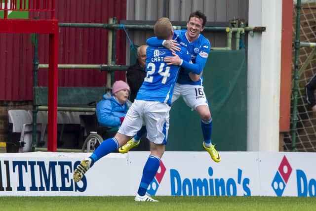Danny Swanson celebrates scoring St Johnstone's winner with his team mate Brain Easton. Picture: Alan Harvey/SNS