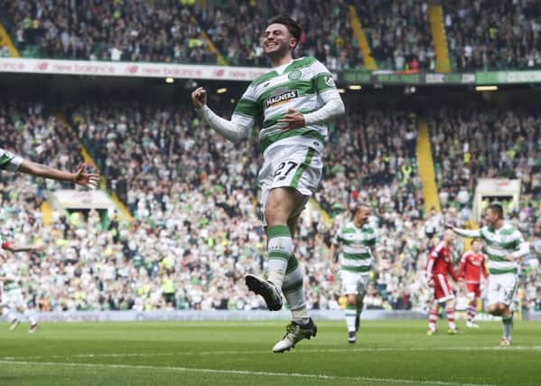 Patrick Roberts celebrates putting Celtic two-up against Aberdeen. Picture: SNS