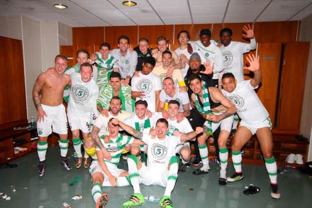 The Celtic players celebrate in the dressing room after yesterday's title-sealing win over Aberdeen. Picture: Craig Williamson/SNS Group