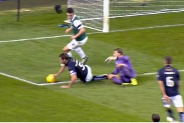 The penalty incident, with Alan Muir (bottom right) seemingly with a clear view of the handball