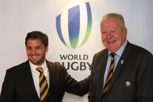 World Rugbys new vice-chairman, Agustin Pichot, left, and new chairman Bill Beaumont at the governing bodys meeting in Dublin. Picture: Andrew Redington/Getty