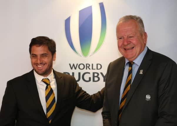 World Rugbys new vice-chairman, Agustin Pichot, left, and new chairman Bill Beaumont at the governing bodys meeting in Dublin. Picture: Andrew Redington/Getty