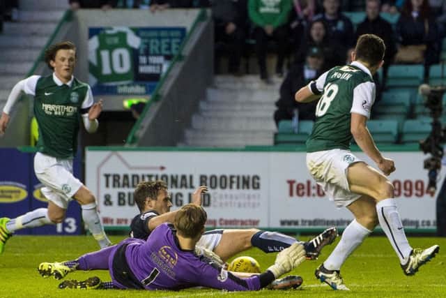 Falkirk's David McCracken is accused of a handball in the box against Hibernian's John McGinn. Picture: SNS